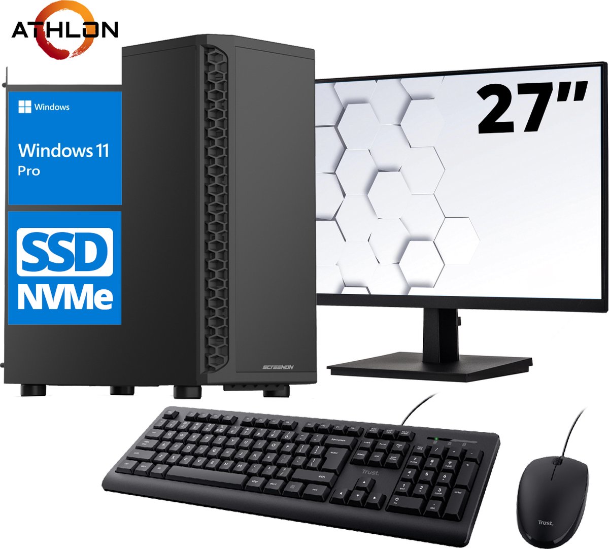 ScreenON - Office Set - X101125 - (OfficePC.X100125 + 27 Inch Monitor + Toetsenbord + Muis) + WiFi & Bluetooth (8720211985928)