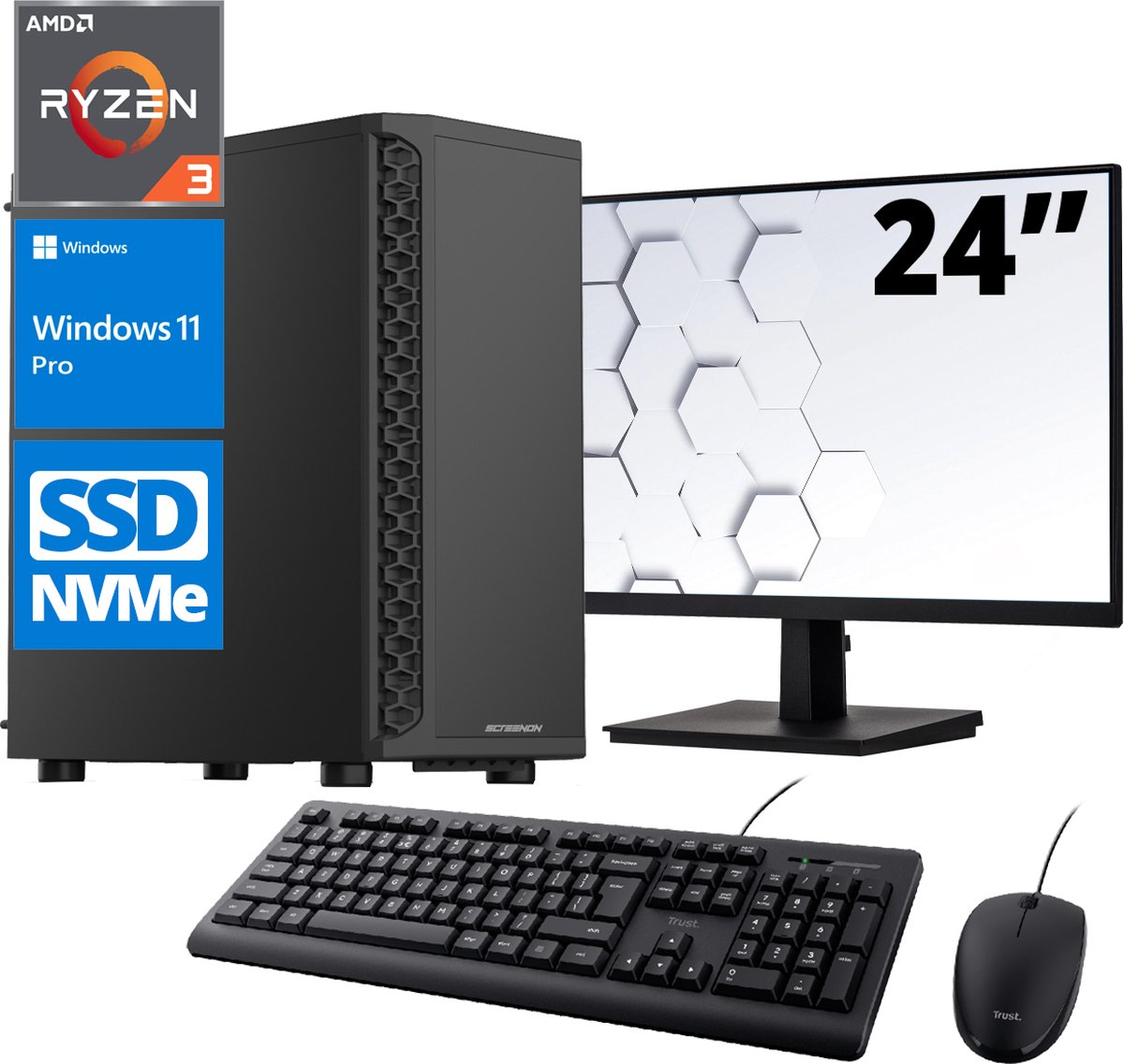 ScreenON - Office Set - X105125 - V1 (OfficePC.X105125 + 24 Inch Monitor + Toetsenbord + Muis) + WiFi & Bluetooth (8720211987427)