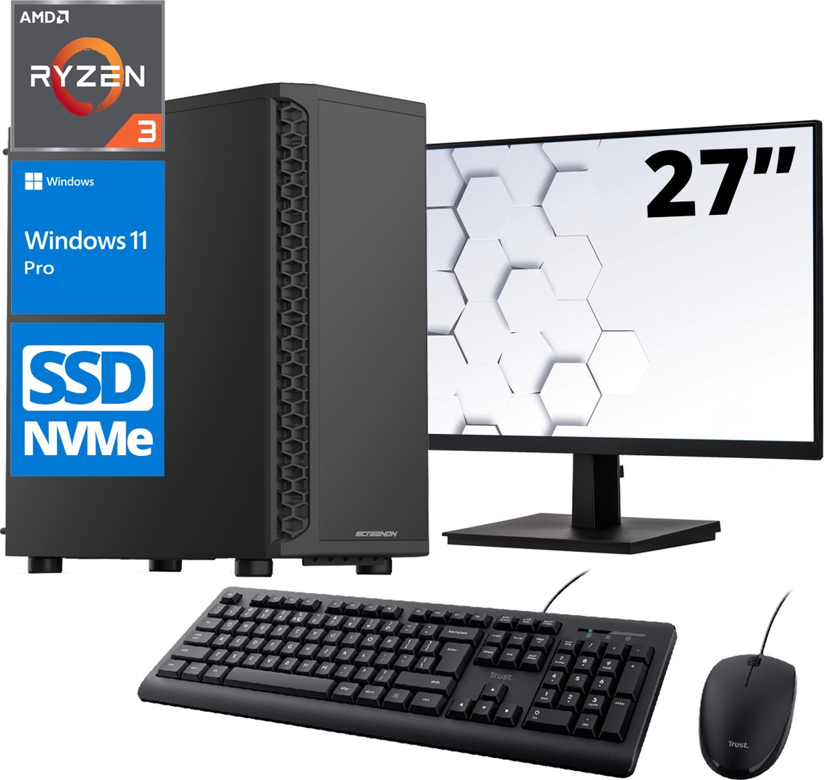 ScreenON - Office Set - X105125 - V2 (OfficePC.X105125 + 27 Inch Monitor + Toetsenbord + Muis) + WiFi & Bluetooth (8720211989438)