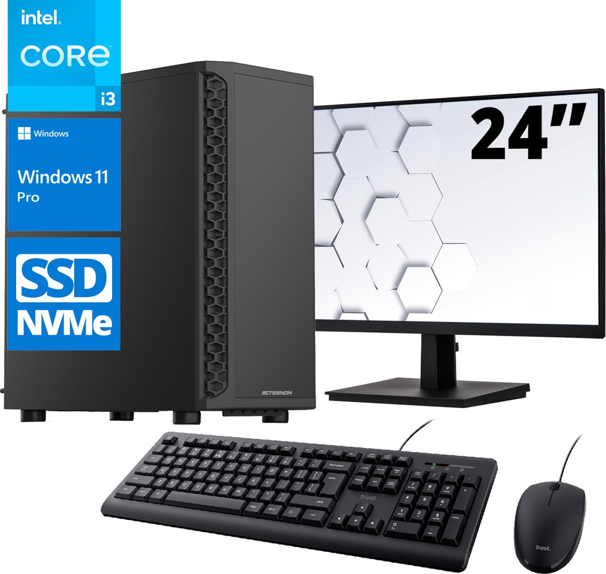 ScreenON - Office Set - Z400125 - V1 - (OfficePC.Z400125 + 24 Inch Monitor + Toetsenbord + Muis) + WiFi & Bluetooth (8720211986246)
