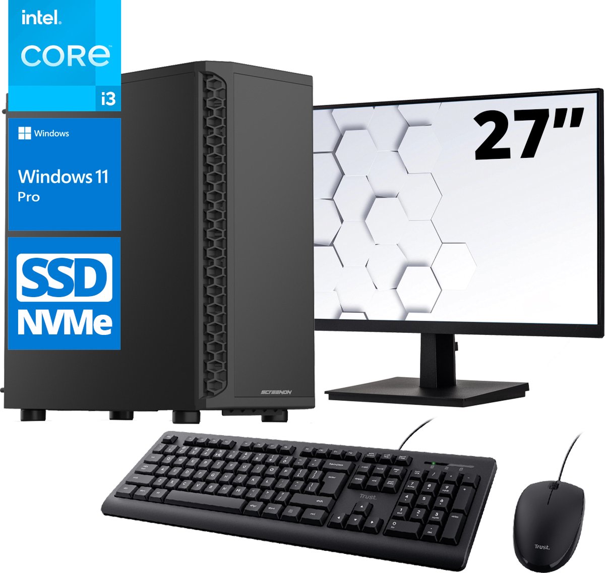ScreenON - Office Set - Z400125 - V2 - (OfficePC.Z400125 + 27 Inch Monitor + Toetsenbord + Muis) + WiFi & Bluetooth (8720211986253)