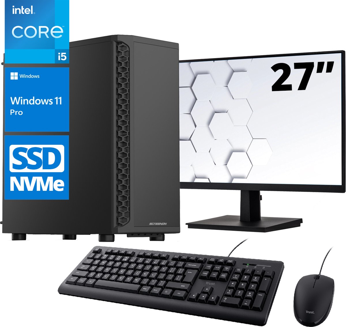 ScreenON - Office Set - Z500125 - V2 - (OfficePC.Z500125 + 27 Inch Monitor + Toetsenbord + Muis) + WiFi & Bluetooth (8720211986277)