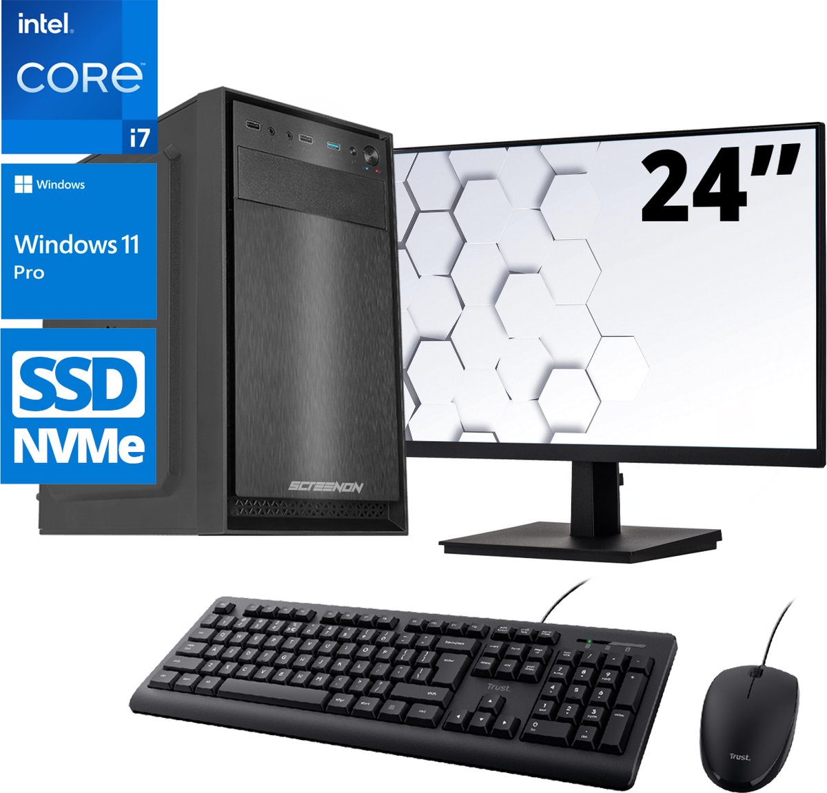 ScreenON - Office Set - Z60041 - V1 - (OfficePC.Z60041 + 24 Inch Monitor + Toetsenbord + Muis) + WiFi & Bluetooth (8720211986321)