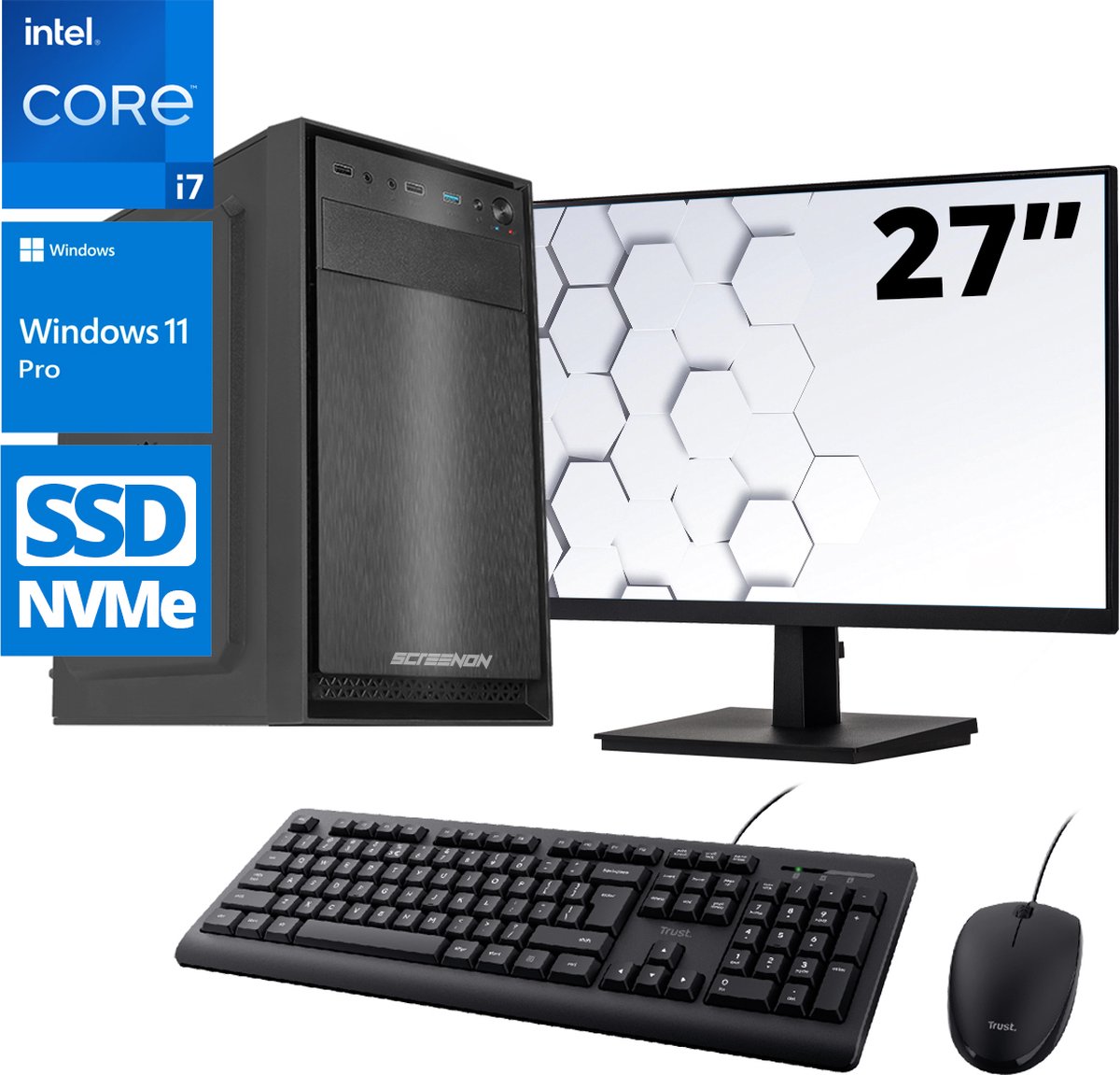 ScreenON - Office Set - Z60041 - V2 - (OfficePC.Z60041 + 27 Inch Monitor + Toetsenbord + Muis) + WiFi & Bluetooth (8720211986338)