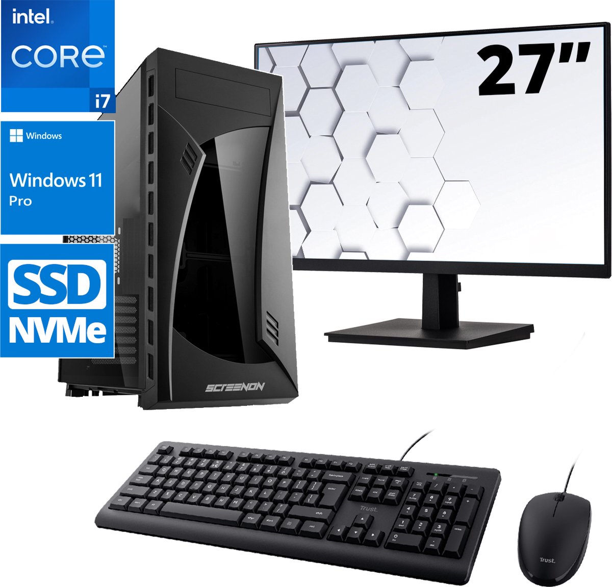 ScreenON - Office Set - Z60070 - V2 - (OfficePC.Z60070 + 27 Inch Monitor + Toetsenbord + Muis) + WiFi & Bluetooth (8720211986352)