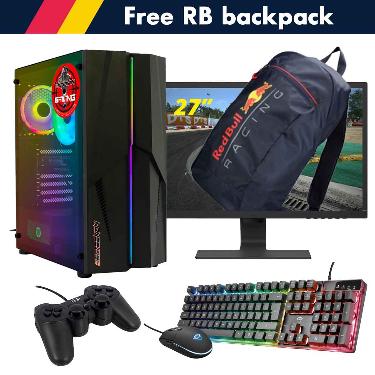 ScreenON - Racing Gaming Set + Red Bull Backpack - F1114027 - (GamePC.F11040 + 27 Inch Monitor + Toetsenbord + Muis + Controller + Gratis Red Bull Backpack) (8720663665324)