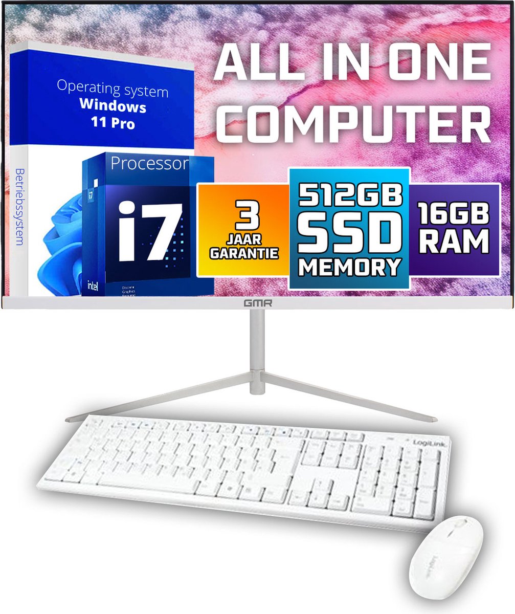 GMR All in One Desktop Computer met snelle Intel i7 | Ultra Smart Design | 24 Inch HD Scherm | 16GB RAM | 512GB SSD | USB3 | Windows 11 PRO | Draadloze Toetsenbord & Muis | WiFi + Bluetooth | Direct klaar voor gebruik | Wit (8721001991631)