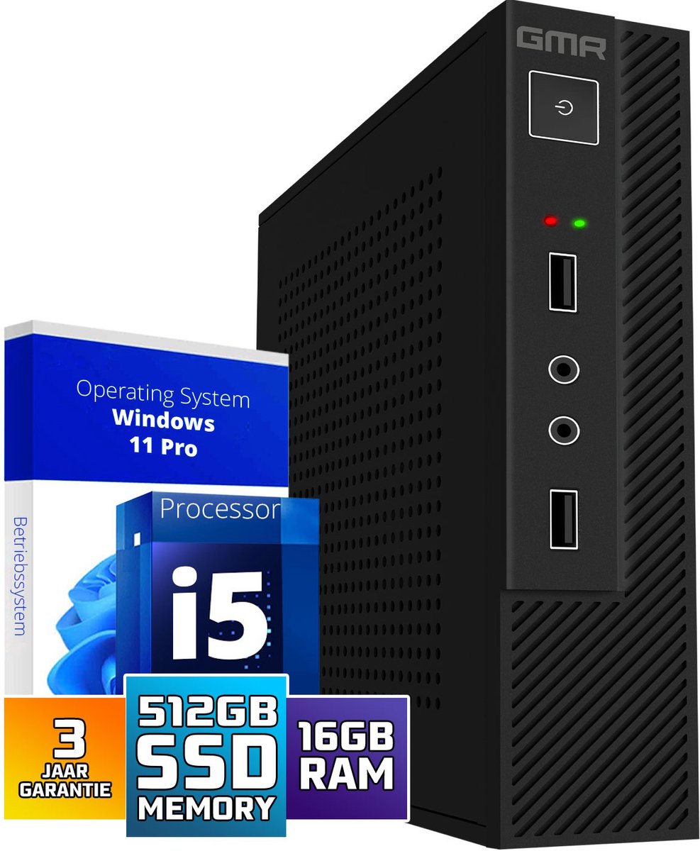 GMR Ultra mini Smart Computer met snelle Intel i5 - Business Office Desktop | 16GB RAM | 512GB SSD | USB3 | Windows 11 PRO | WiFi + Bluetooth | Incl. VESA bevestiging | Geschikt voor 2 schermen | 3 Jaar garantie | Direct klaar voor gebruik (8721001991891)