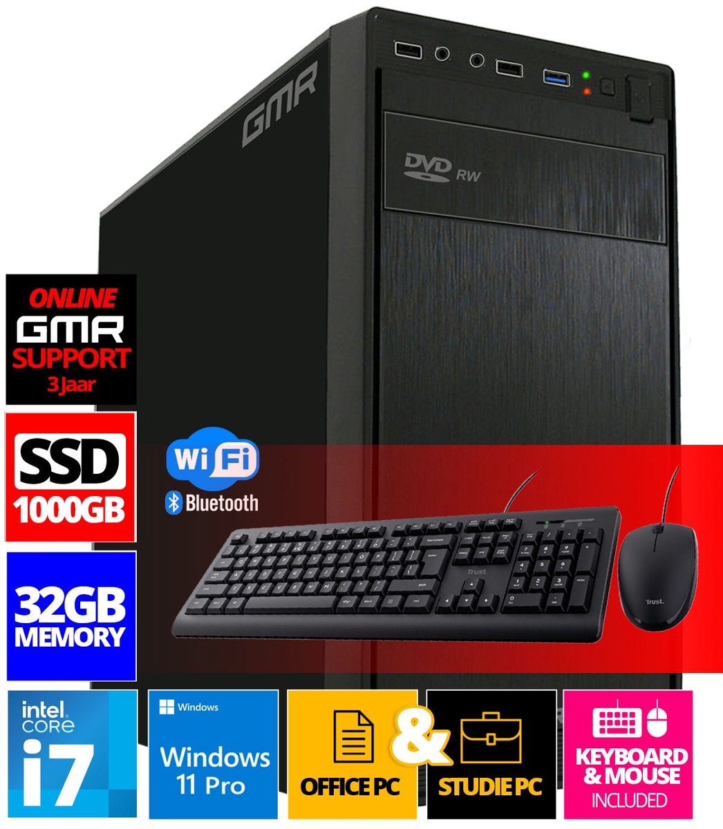 Intel Compleet PC | Intel Core i7 | 32 GB RAM | 1000 GB SSD | Windows 11 Pro | Inclusief Muis & Toetsenbord (8721001991914)