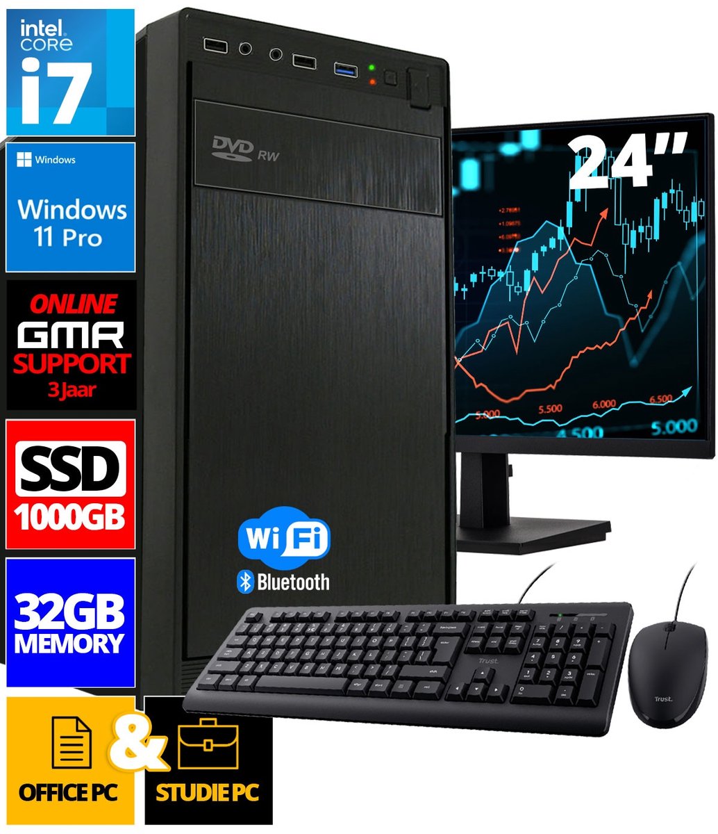 Intel Compleet PC SET | Intel Core i7 | 32 GB RAM | 1000 GB SSD | Windows 11 Pro | Inclusief 24