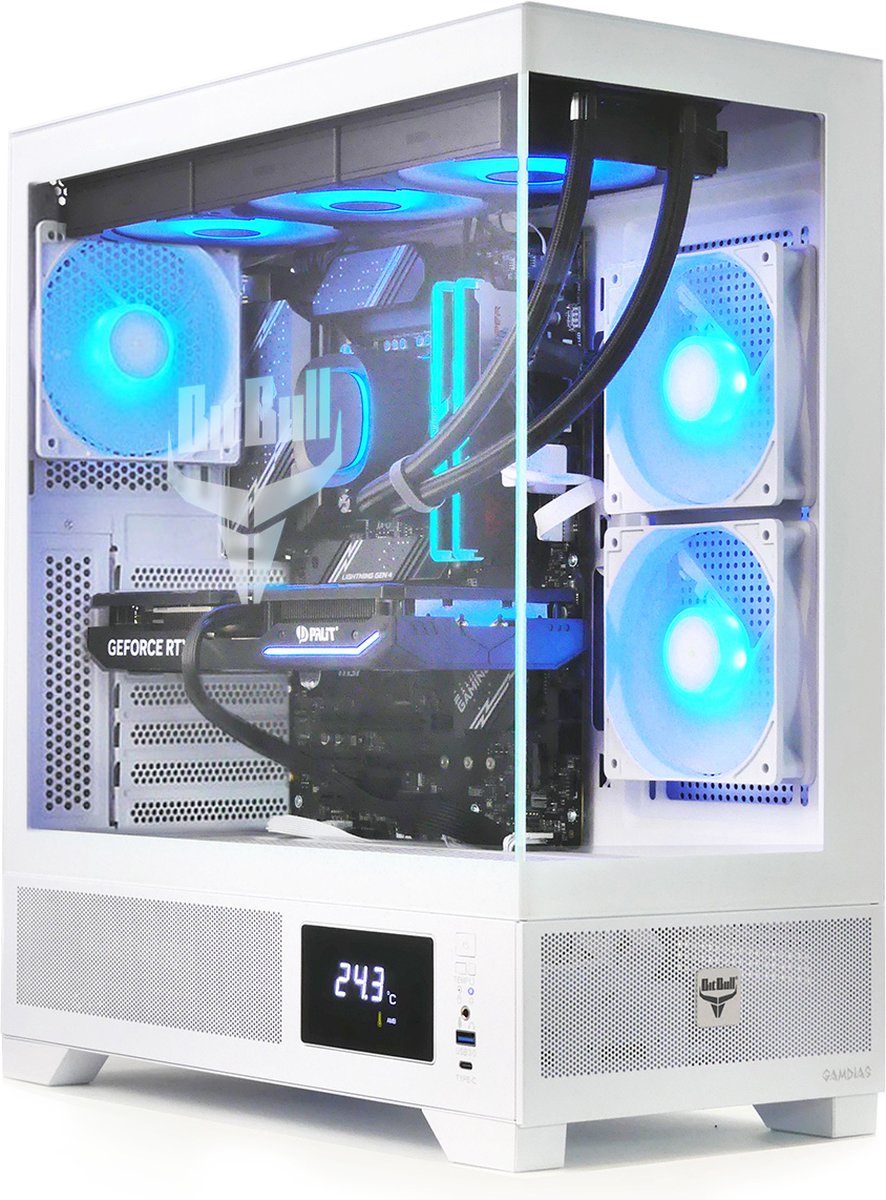 BitBull Ryzen 7 9800X3D Game PC - GeForce RTX 5080 16GB - 360 WATERKOELING en Temperatuur Display - 5.2GHz TURBO - 2TB M.2 GEN4 SSD - 32GB DDR5 RGB RAM - WiFi 6E|Bluetooth 5.3 - Gigabyte B650 Gaming X AX - Atlas M1 WHITE (8720937102234)