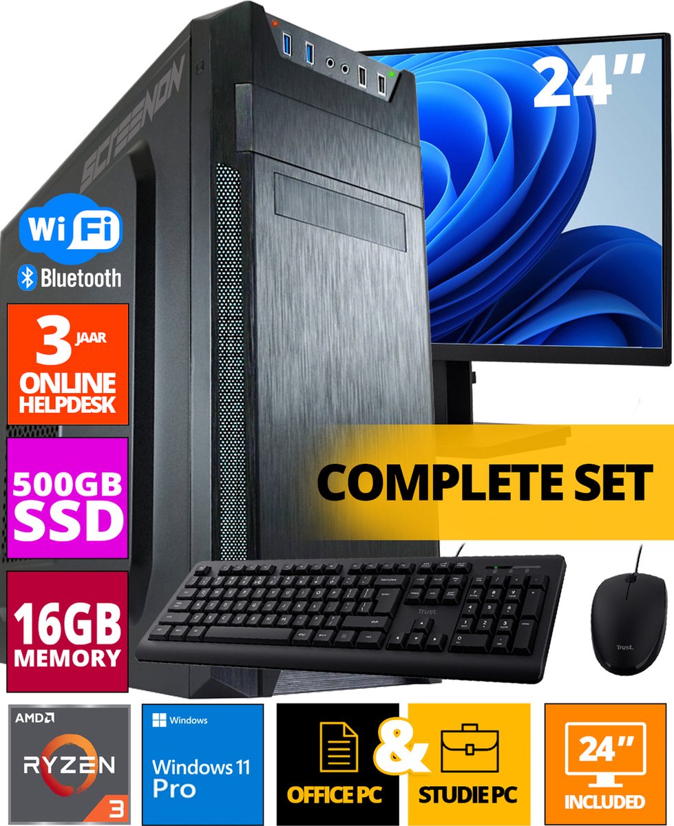 Budget Office PC SET - Ryzen 3 - 500GB NVMe SSD - 16GB RAM - Radeon Vega 8 ( 24 Inch Monitor | Muis | Toetsenbord ) + WiFi & Bluetooth (8720663667328)