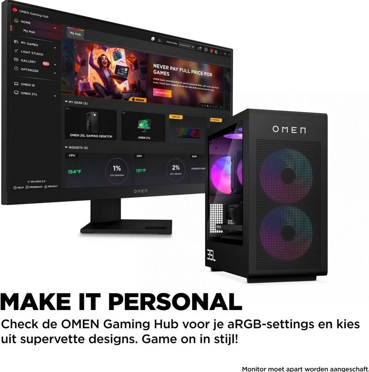 HP OMEN 35L GT16-0226nd - Gaming Desktop - Intel Core Ultra 7 265F - 32GB DDR5 RGB RAM - 1TB SSD - NVIDIA GeForce RTX 5070 Ti 16GB - 240mm Liquid Cooling - Windows 11 Home - Zwart (0198990728315)