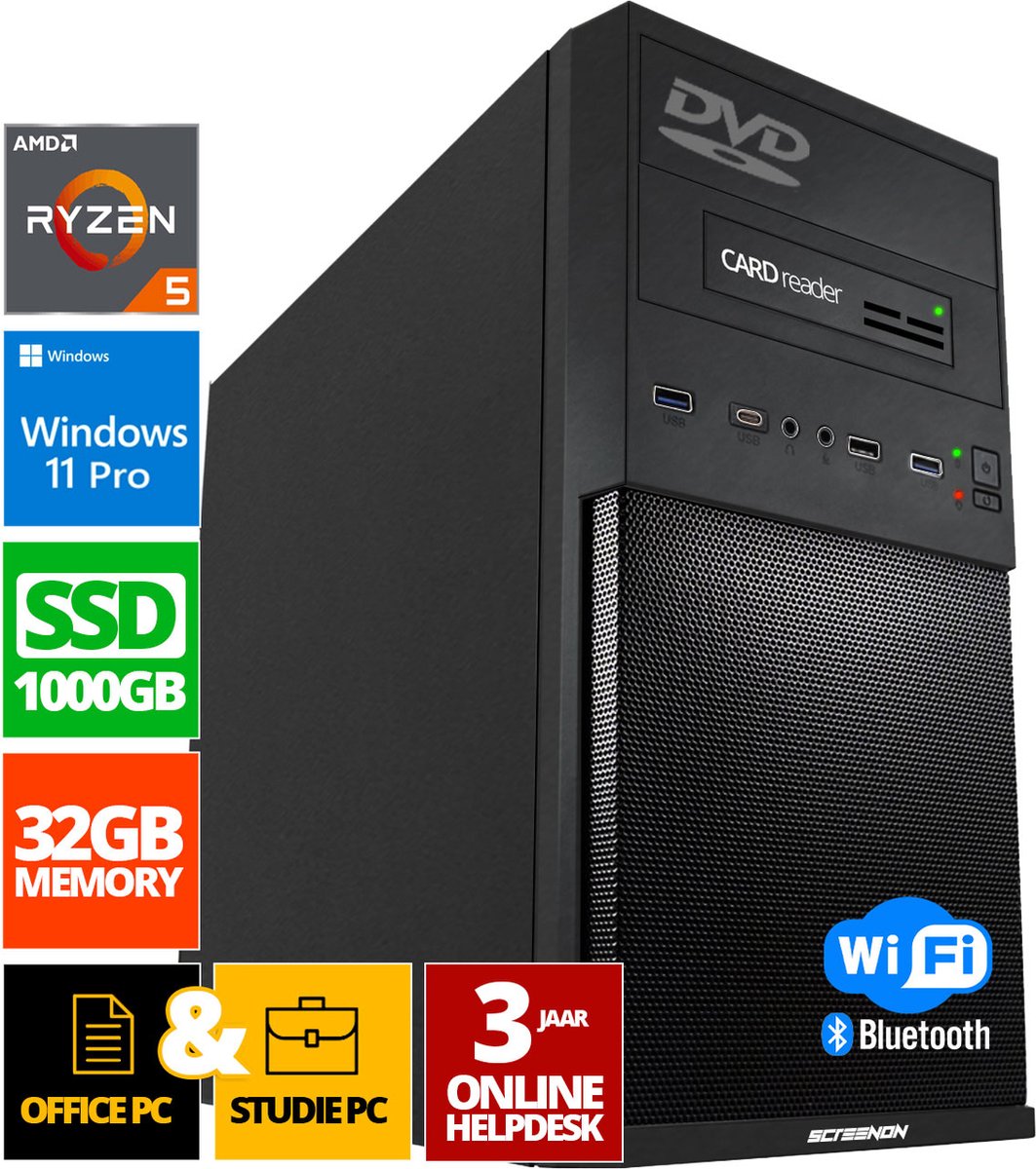 ScreenON - AMD Office Pro PC - Ryzen 5 PRO 5650G - 1000GB SSD - 32GB RAM - DVD - Cardreader - WiFi + Bluetooth - Windows 11 (8720994103557)