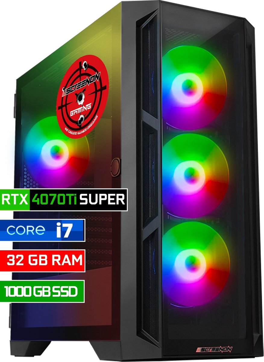 ScreenON - Game Computer / Gaming PC - Intel Core i7 - 1TB M.2 SSD - 32GB RAM - RTX 4070 Ti Super - Windows 11 (8720994103892)