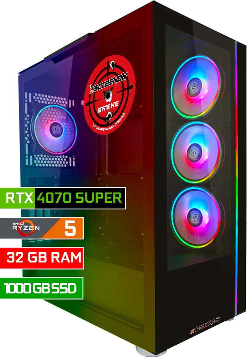 ScreenON - Game Computer / Gaming PC - Ryzen 5 - 1TB M.2 SSD - 32GB RAM - RTX 4070 Super - Windows 11 (8720994103939)