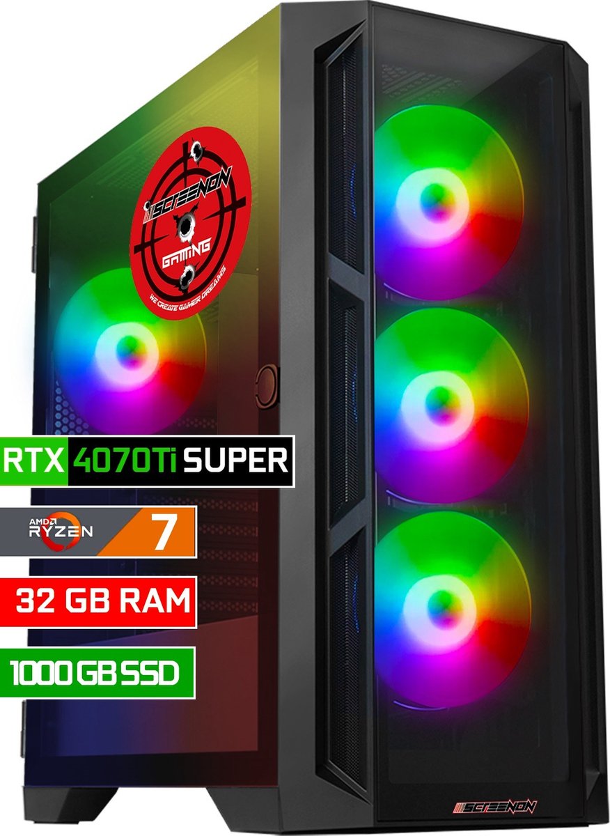 ScreenON - Game Computer / Gaming PC - Ryzen 7 - 1TB M.2 SSD - 32GB RAM - RTX 4070 Ti Super - Windows 11 (8720994103922)