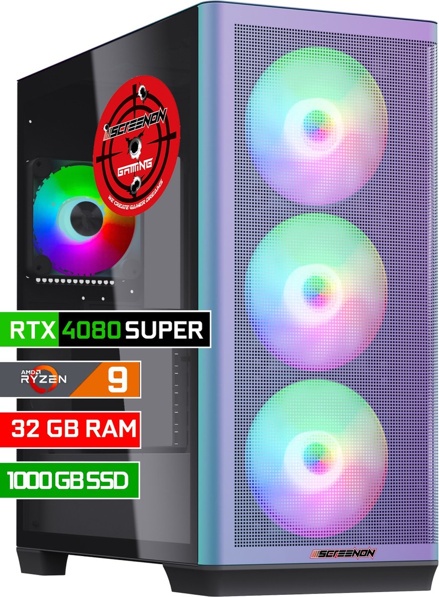 ScreenON - Game Computer / Gaming PC - Ryzen 9 - 1TB M.2 SSD - 32GB RAM - RTX 4080 Super - Windows 11 (8720994103915)