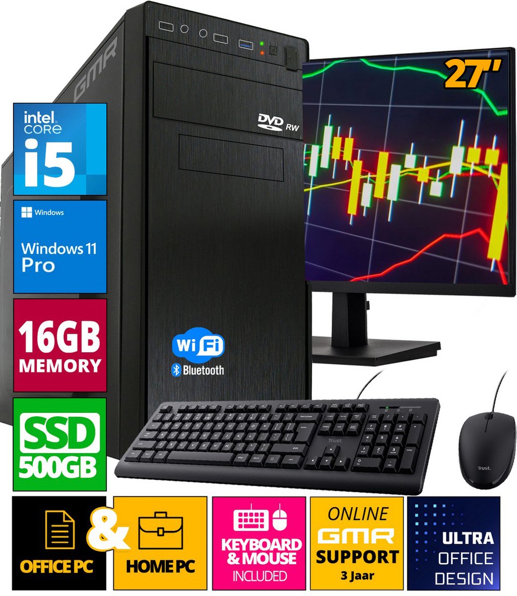 Intel Compleet Desktop SET | Intel Core i5 | 16 GB RAM | 512GB SSD | DVD+RW | Windows 11 Pro | 27 Inch Monitor + Muis & Toetsenbord (8721001990573)