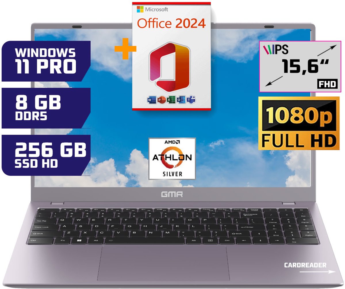 GMR - 15.6 Inch Full HD Laptop - AMD Athlon Silver - 8GB DDR5 RAM - 256GB SSD - Office 2024 - Windows 11 Pro voor Thuis, Office en Studie notebook (8721001992621)
