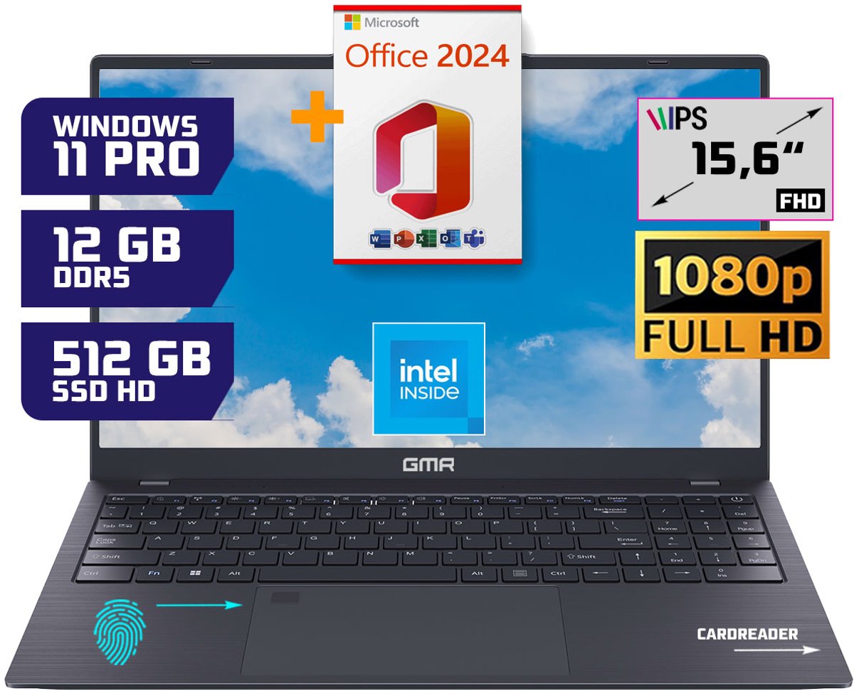 GMR - 15.6 Inch Full HD Laptop - Intel N95 - 12GB DDR5 RAM - 512GB SSD - Office 2024 - Windows 11 Pro voor Thuis, Office en Studie notebook (8721001992638)