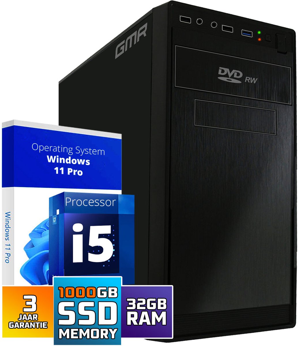 Intel Compleet Desktop PC | Intel Core i5 | 32 GB RAM | 1 TB SSD | DVD+RW | Windows 11 Pro | Business Office Multimedia Computer (8721001990481)