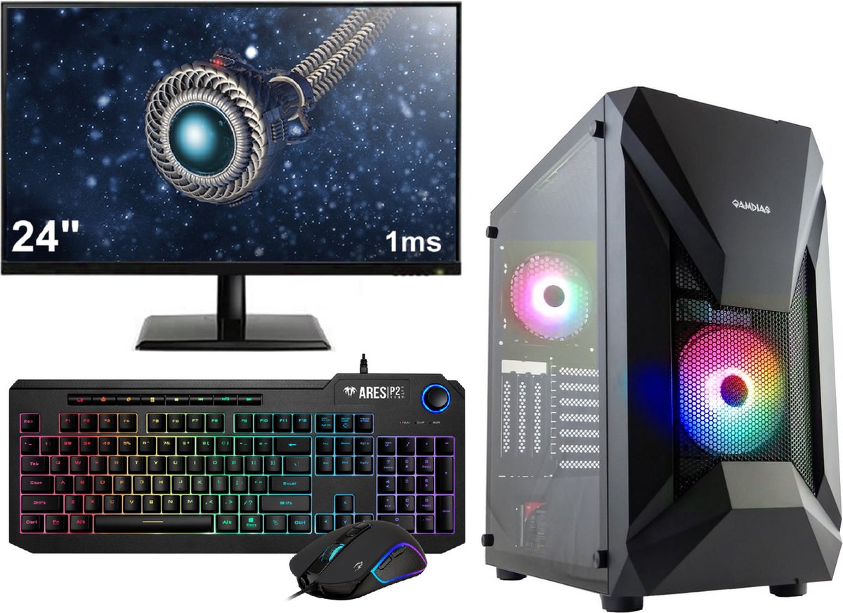 AMD Ryzen 5 RGB Budget Game PC SET COMPLEET met 24