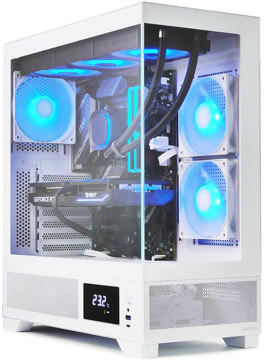 AMD Ryzen 7 8700 High-End Game PC WATERKOELING Met Temperatuur Display - RTX 5070 - 32GB DDR5 RGB - 1TB SSD - B650 Gaming X AX - WiFi 6E|Bluetooth 5.3|LAN 2.5Gbps - Gamdias Atlas M1 White Aquarium Case (8720937110321)