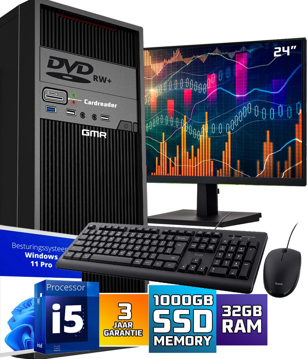 Intel Ultra max Compleet Desktop SET | Intel Core i5 | 32 GB RAM | 1 TB SSD | DVD+RW | Windows 11 Pro | 24 Inch Monitor + Muis & Toetsenbord (8721001990542)