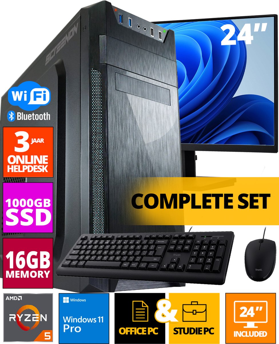 Budget Office PC SET - Ryzen 5 - 1TB NVMe SSD - 16GB RAM - Radeon Vega 7 ( 24 Inch Monitor | Muis | Toetsenbord ) + WiFi & Bluetooth (8720663667519)
