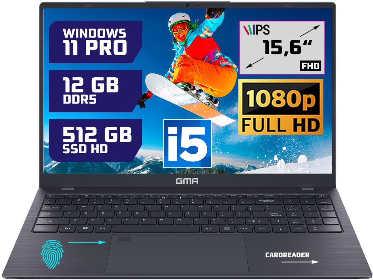 GMR - 15.6 Inch Full HD Laptop - Intel Core i5 - 12GB DDR5 RAM - 512GB SSD - Windows 11 Pro voor Thuis, Office en Studie notebook (8721001992829)