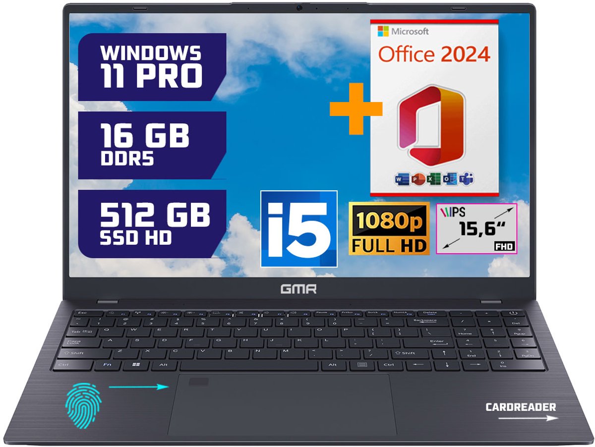 GMR - 15.6 Inch Full HD Laptop - Intel Core i5 - 16GB DDR5 RAM - 512GB SSD - Office 2024 - Windows 11 Pro voor Thuis, Office en Studie notebook (8721001992850)