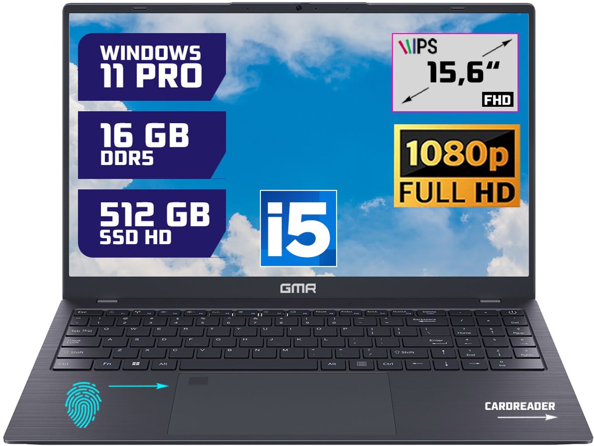 GMR - 15.6 Inch Full HD Laptop - Intel Core i5 - 16GB DDR5 RAM - 512GB SSD - Windows 11 Pro voor Thuis, Office en Studie notebook (8721001992843)