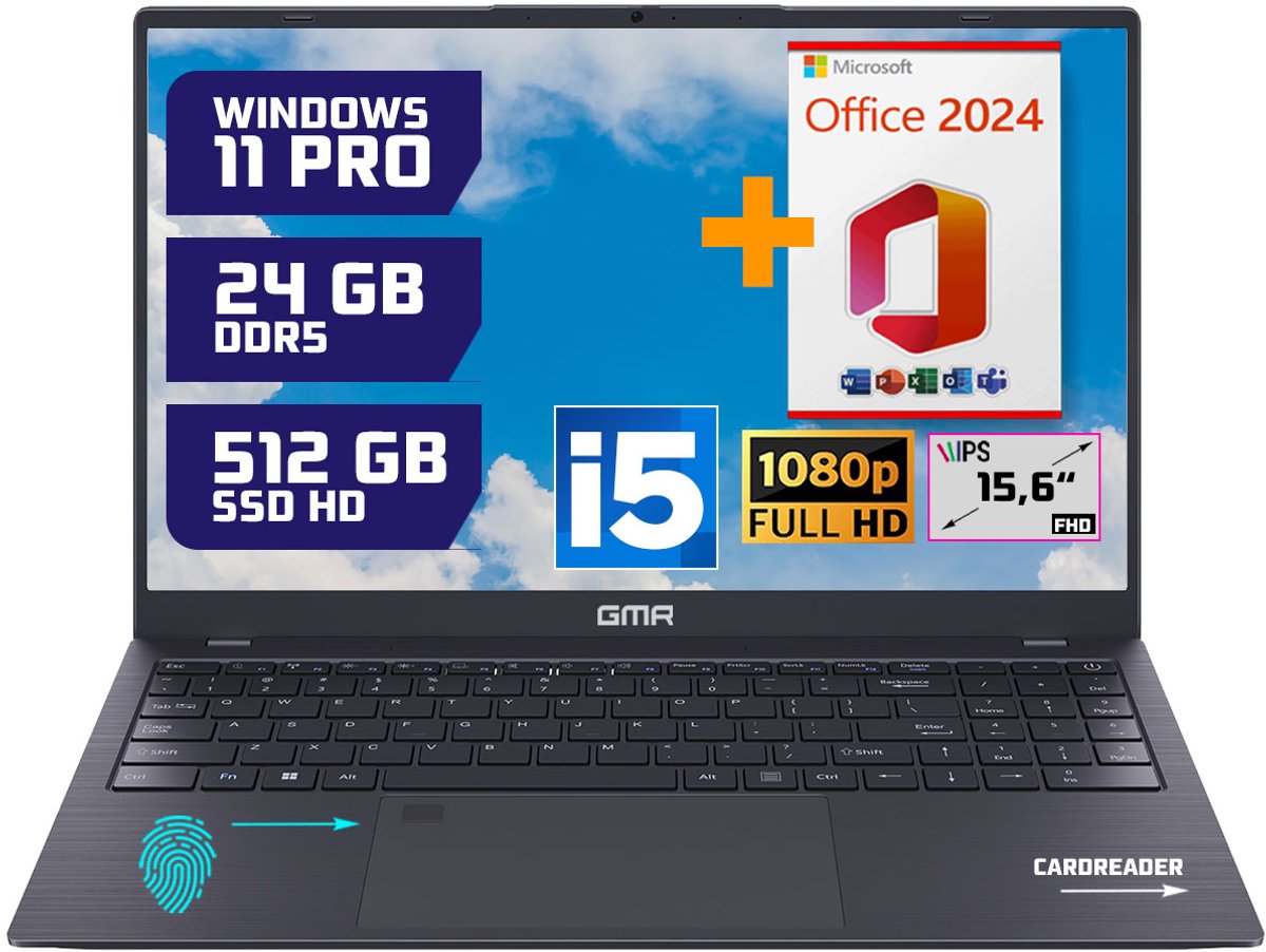 GMR - 15.6 Inch Full HD Laptop - Intel Core i5 - 24GB DDR5 RAM - 512GB SSD - Office 2024 - Windows 11 Pro voor Thuis, Office en Studie notebook (8721001992874)
