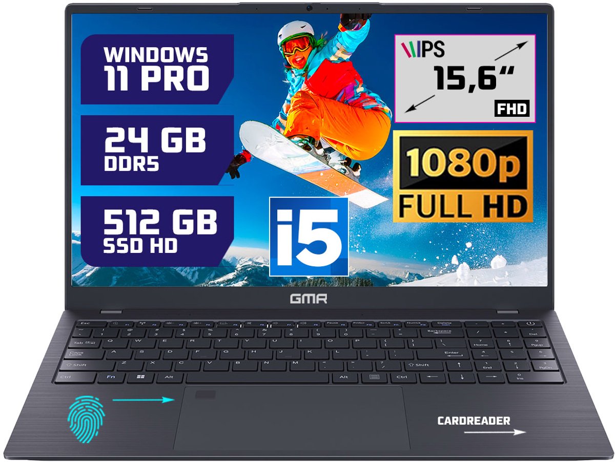 GMR - 15.6 Inch Full HD Laptop - Intel Core i5 - 24GB DDR5 RAM - 512GB SSD - Windows 11 Pro voor Thuis, Office en Studie notebook (8721001992867)