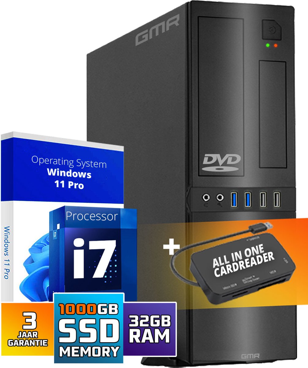 GMR Ultra Slim i7 Office PC - Business Office Computer | 32 GB RAM | 1000GB SSD | DVD±RW | USB 3 | Windows 11 Pro | WiFi-Bluetooth (8721001991556)