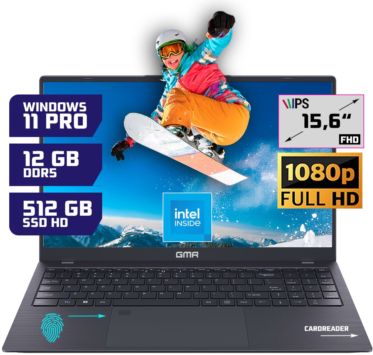 GMR - 15.6 Inch Full HD Laptop - Intel N95 - 12GB DDR5 RAM - 512GB SSD - Windows 11 Pro voor Thuis, Office en Studie notebook (8721001992126)