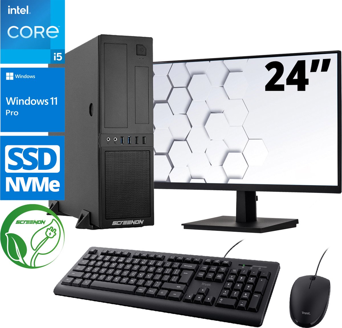 Intel Compleet PC SET | Intel Core i5 | 16 GB DDR4 | 500 GB SSD + 24 Inch Monitor + Muis + Toetsenbord | Windows 11 Pro + WiFi & Bluetooth (8720663667038)