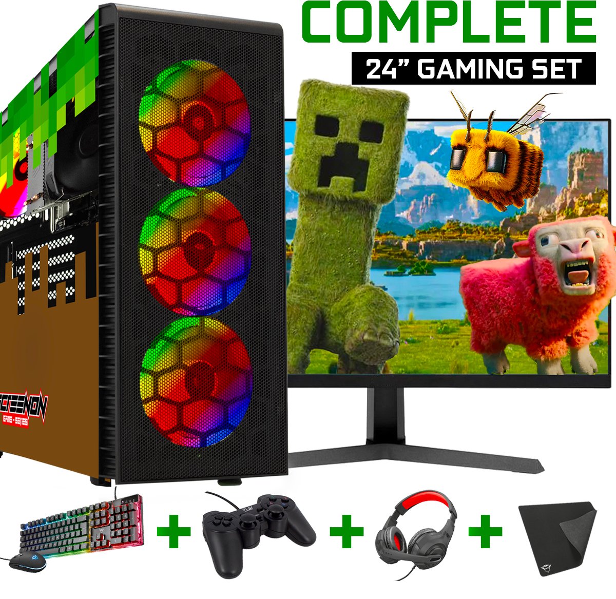 ScreenON - Minecraft Gaming SET Black - (GamePC + 24 Inch Monitor + Toetsenbord + Muis + Controller + Headset + Muismat) inclusief WiFi & Bluetooth! (8720211983474)
