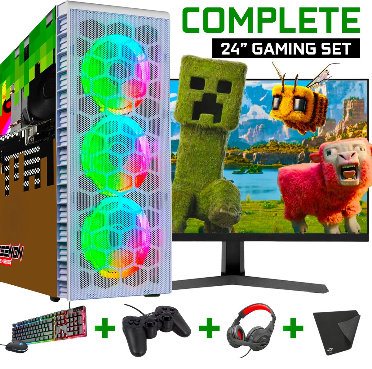 ScreenON - Minecraft Gaming SET White - (GamePC + 24 Inch Monitor + Toetsenbord + Muis + Controller + Headset + Muismat) inclusief WiFi & Bluetooth! (8720994104172)