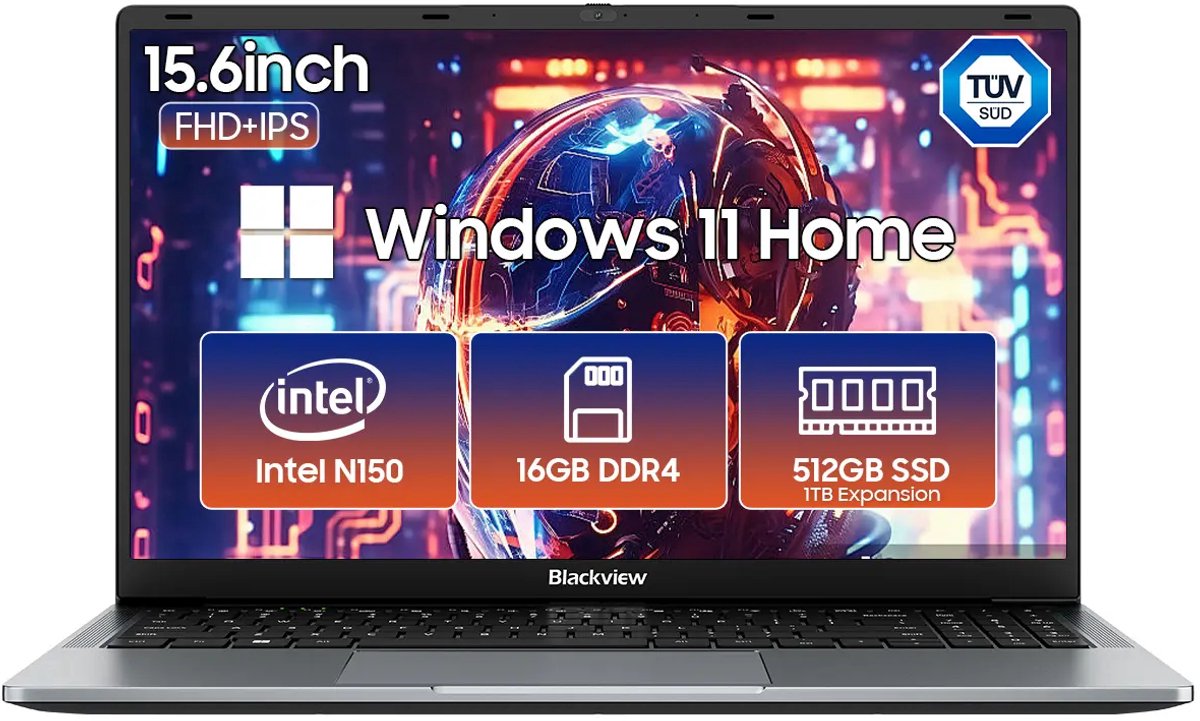 Blackview AceBook 6 Laptop - 15,6 inch Full HD - 16 GB RAM - 512 GB SSD Intel N150 - Windows 11 Notebook - UHD Graphics - Grijs (6931548323853)