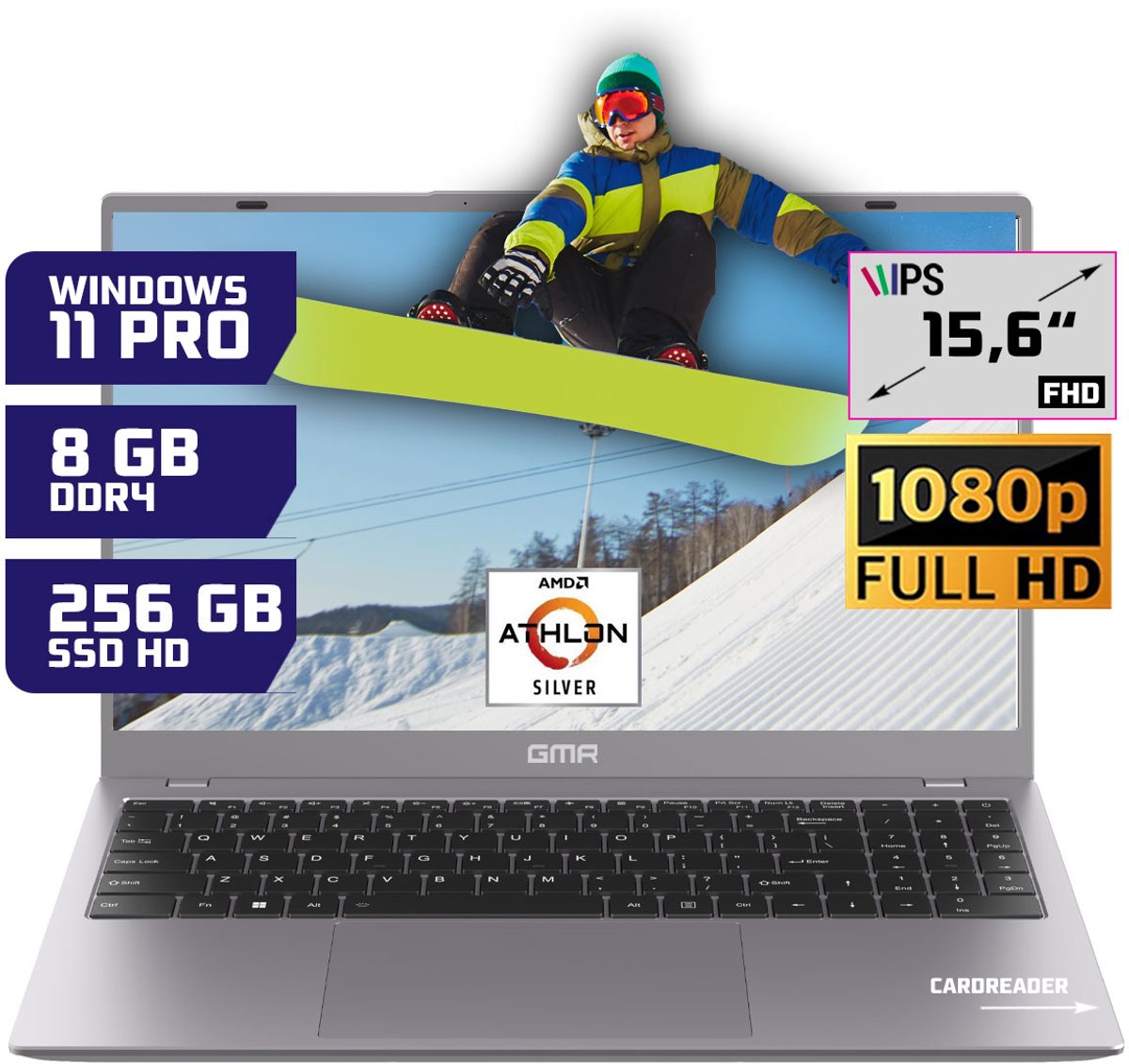 GMR - 15.6 Inch Full HD Laptop - AMD Athlon Silver - 8GB RAM - 256GB SSD - Windows 11 Pro voor Thuis, Office en Studie notebook (8721001992799)