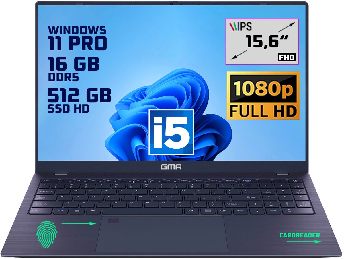 GMR | Elegante 15.6-inch Laptop voor Professionals | Intel i5 Processor - 16GB DDR5 RAM - 512GB M.2 SSD | Perfect voor Office & Zakelijk Gebruik (Windows 11 Pro) (8721001993079)