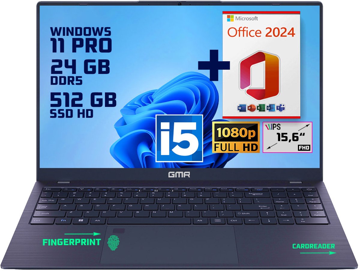 GMR | Elegante 15.6-inch Laptop voor Professionals | Intel i5 Processor - 24GB DDR5 RAM - 512GB M.2 SSD | Perfect voor Office & Zakelijk Gebruik (Windows 11 Pro + Office 2024) (8721001993109)