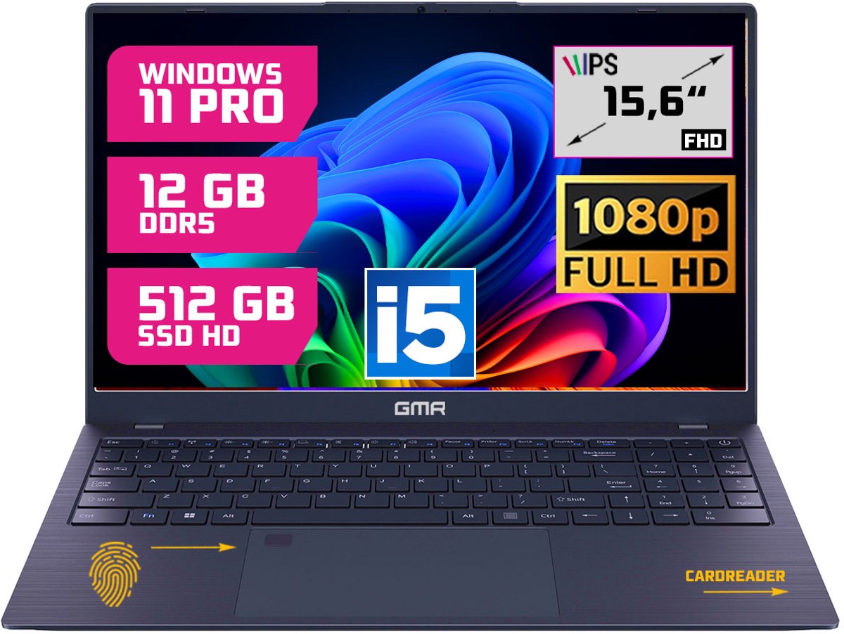 GMR Professional Laptop / 15.6 Inch Full HD Display / Intel Core i5 / 12GB DDR5 RAM / 512GB SSD / Windows 11 Pro / Perfect voor Zakelijk en Studiegebruik (8721001993178)