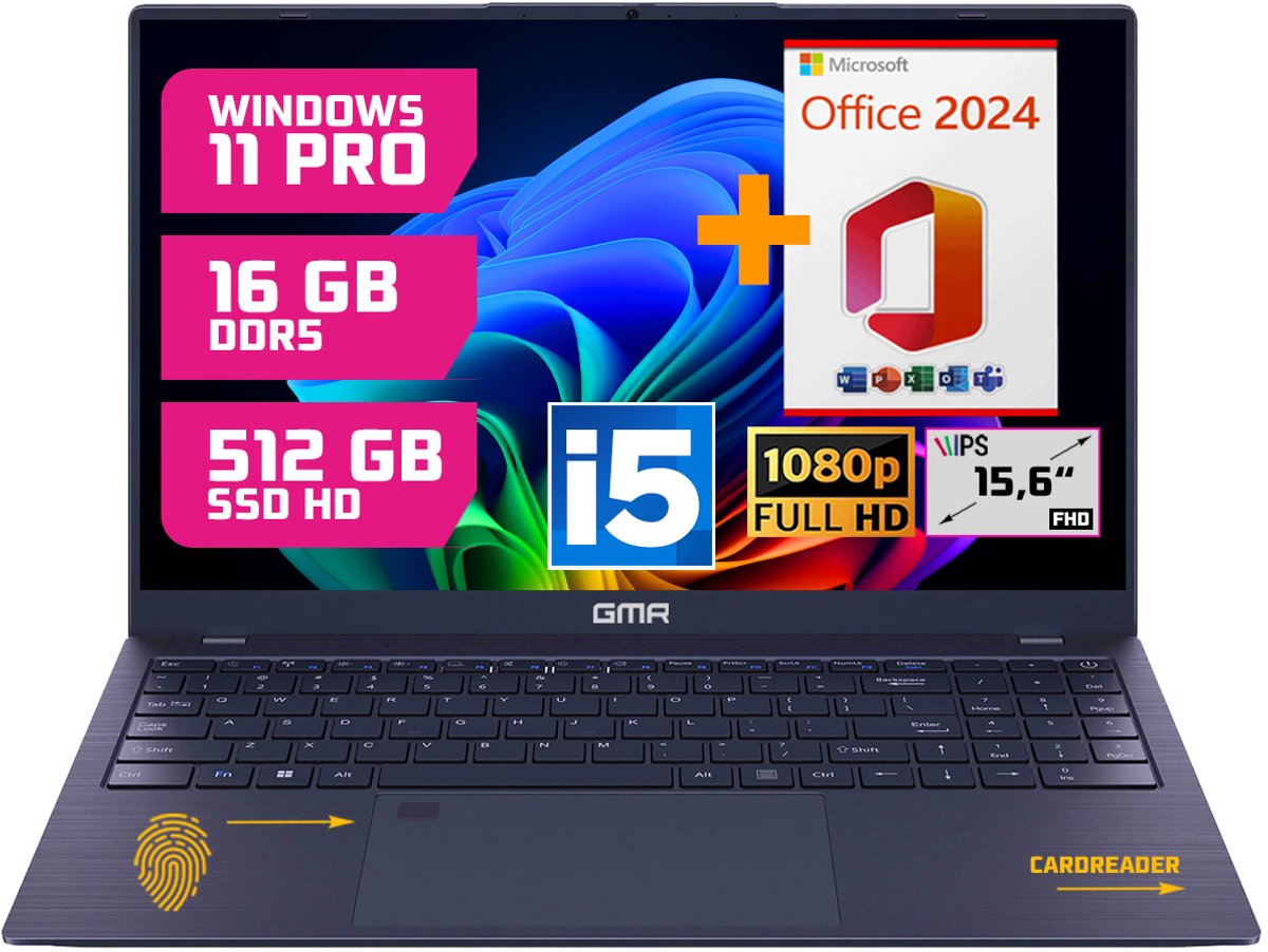 GMR Professional Laptop / 15.6 Inch Full HD Display / Intel Core i5 / 16GB DDR5 RAM / 512GB SSD / Windows 11 Pro & Office 2024 / Perfect voor Zakelijk en Studiegebruik (8721001993208)