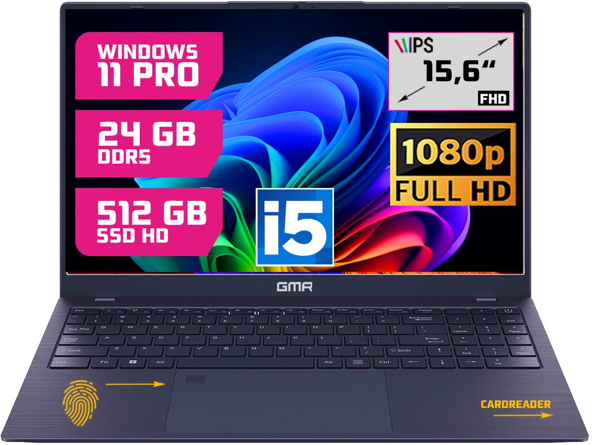 GMR Professional Laptop / 15.6 Inch Full HD Display / Intel Core i5 / 24GB DDR5 RAM / 512GB SSD / Windows 11 Pro / Perfect voor Zakelijk en Studiegebruik (8721001993215)