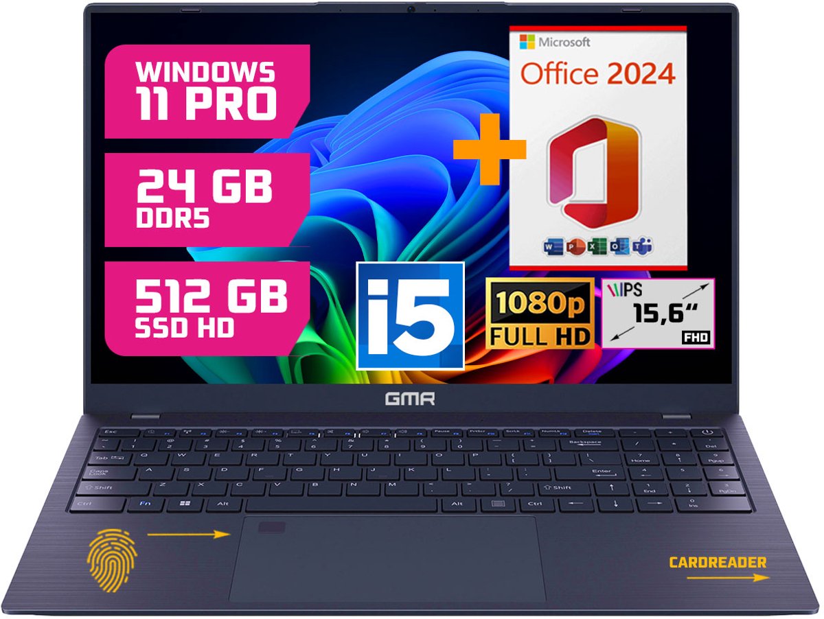 GMR Professional Laptop / 15.6 Inch Full HD Display / Intel Core i5 / 24GB DDR5 RAM / 512GB SSD / Windows 11 Pro & Office 2024 / Perfect voor Zakelijk en Studiegebruik (8721001993222)
