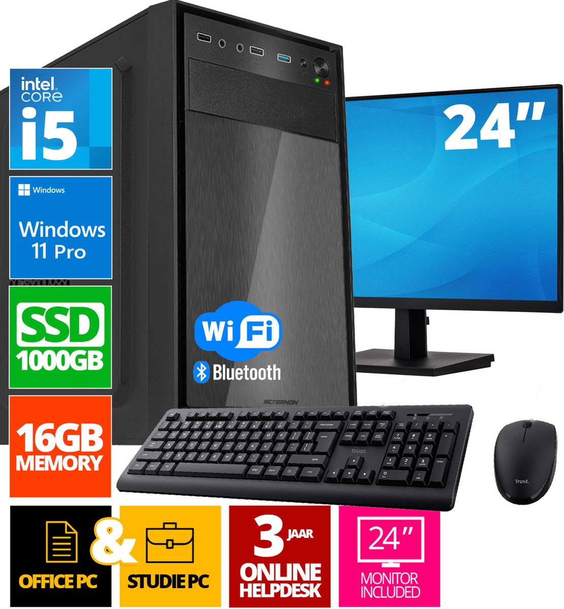 Intel Compleet PC SET | Intel Core i5 | 16 GB DDR4 | 1 TB SSD + 24 Inch Monitor + Muis + Toetsenbord | Windows 11 Pro + WiFi & Bluetooth (8720663667205)