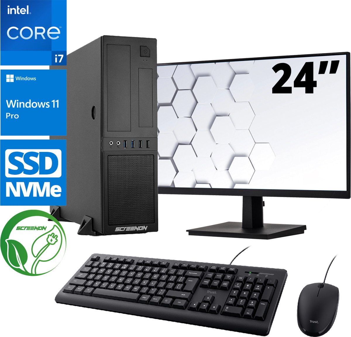 Intel Compleet PC SET | Intel Core i7 | 32 GB DDR4 | 1 TB SSD + 24 Inch Monitor + Muis + Toetsenbord | Windows 11 Pro + WiFi & Bluetooth (8720663667182)